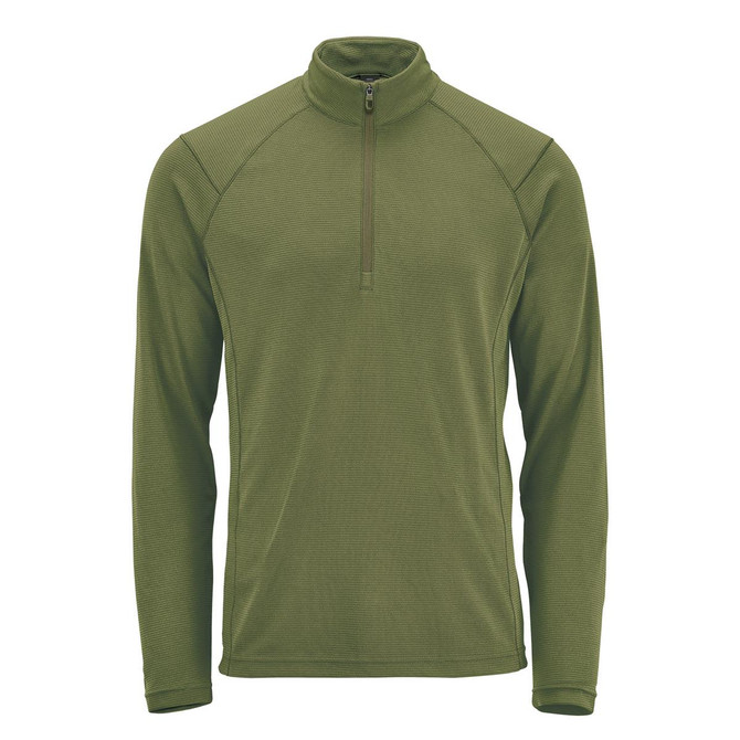 A men's 1/4 zip pullover in olive green with long sleeves and a zippered collar, featuring a logo.