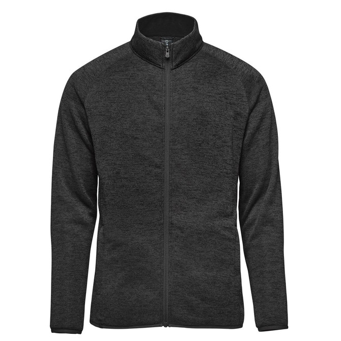 A grey full zip fleece jacket with a high collar and long sleeves, featuring a small logo.