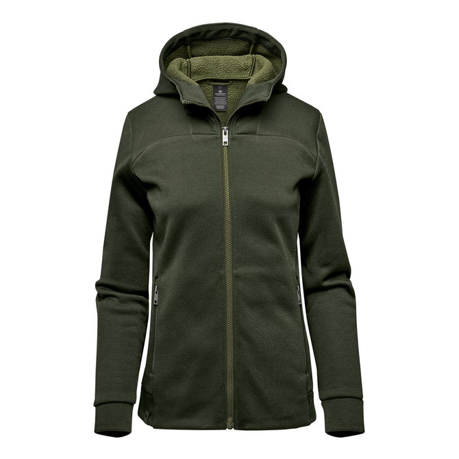 A women's hoody in dark green with a zip front and a lined hood. It features a logo on the chest.