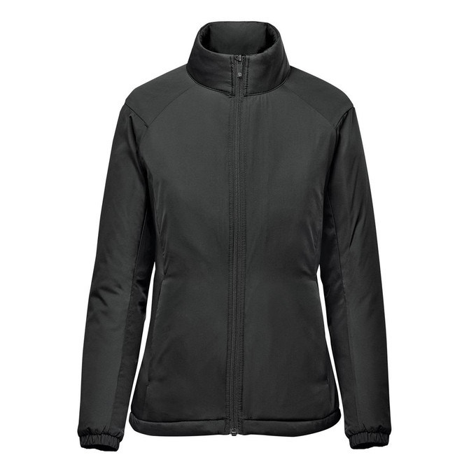 A women's thermal jacket in black with a high collar and zip-up front. It features a logo on the upper chest.