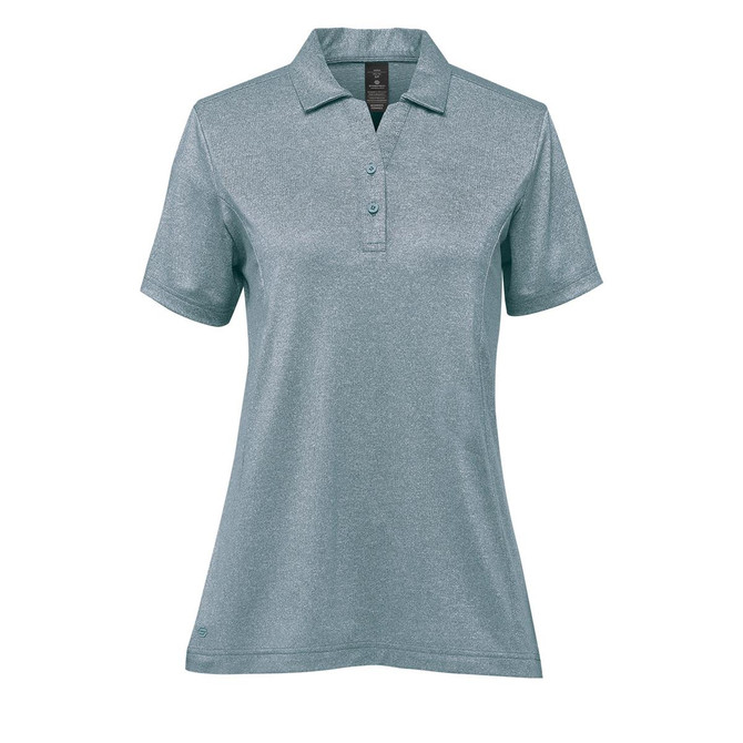 A women's polo shirt in a light blue shade with a collar and short sleeves, featuring a logo on the chest.