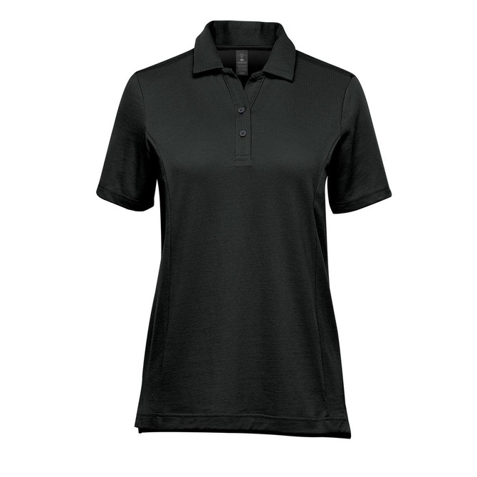 A black women's polo shirt with a collar and three buttons, featuring a logo on the chest.