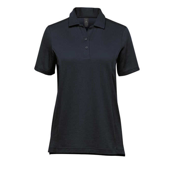 A women's navy blue micro pique polo shirt featuring a classic collar and button placket, with a logo on the chest.