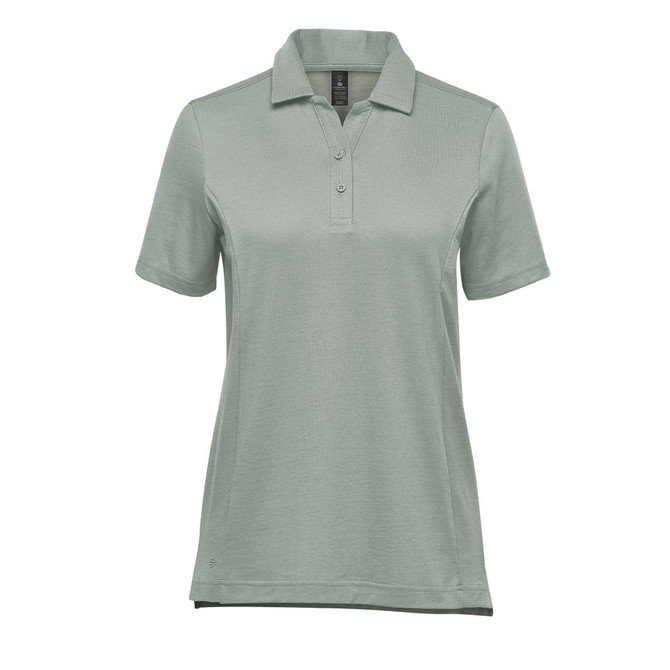 A women's short-sleeve micro pique polo shirt in a light green colour, featuring a collar and three-button placket.