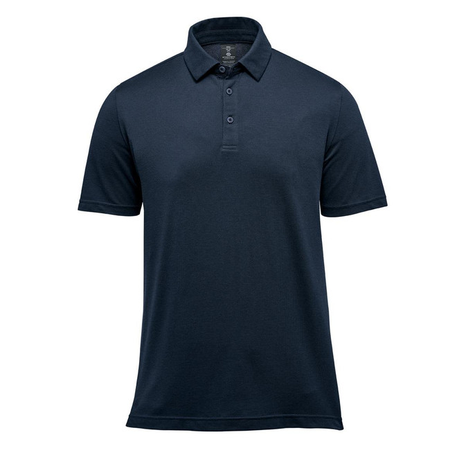 A navy blue men's polo shirt with a collared neck and short sleeves, featuring a logo.