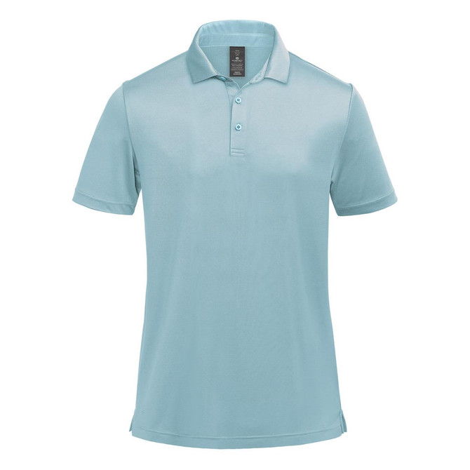 A light blue men's polo shirt with a collar and three-button placket, featuring a logo on the chest.