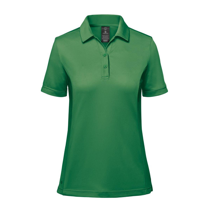 A green women's polo shirt with a collar and short sleeves, featuring a logo on the chest.