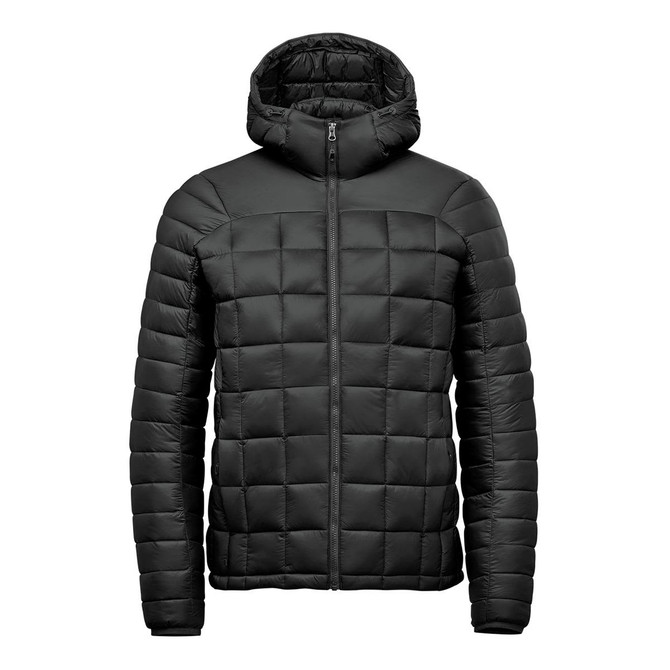 A black puffer jacket with a hood, featuring a quilted design and a front zipper. It has a logo on the chest.