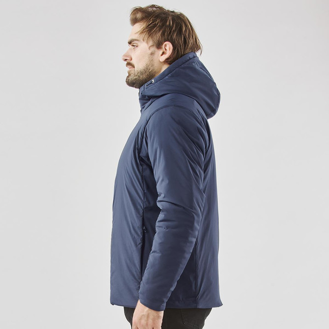 A men's thermal puffer jacket in navy, featuring a hood and a branded logo, displayed on a model in profile.
