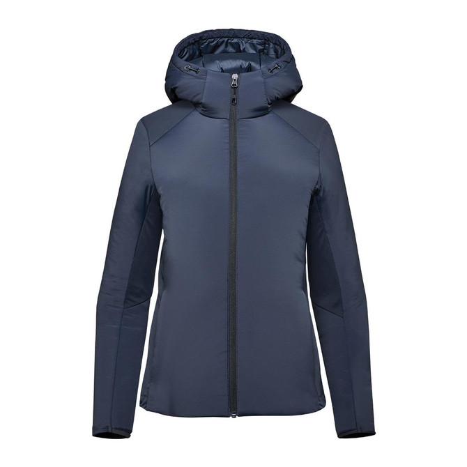 A women's puffer jacket in navy blue with a hood and front zip closure. It features a sleek design and has a logo.