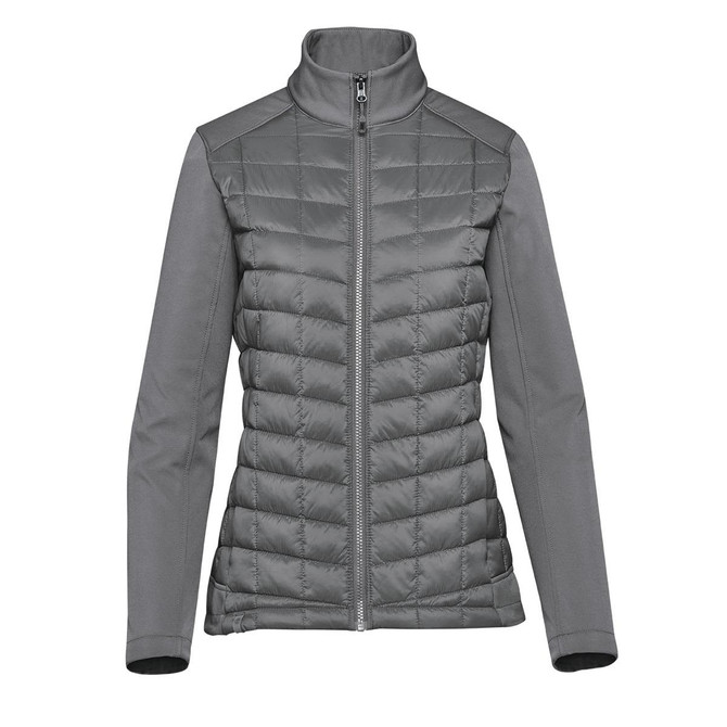 A grey women's softshell jacket featuring a quilted design and high collar, with a zippered front and branding.