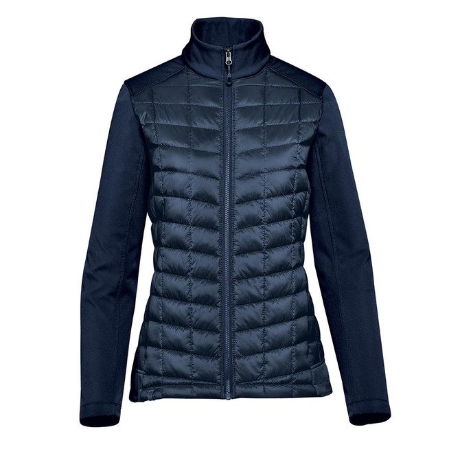 A women's softshell jacket in navy with a quilted front and a high collar, featuring a logo on the chest.