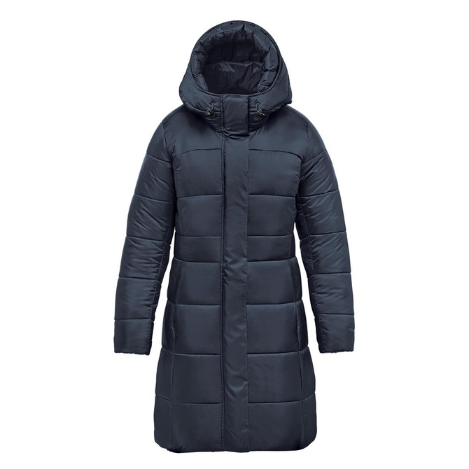 A women's puffer jacket in navy blue with a hood and a quilted design. It features a logo on the breast.