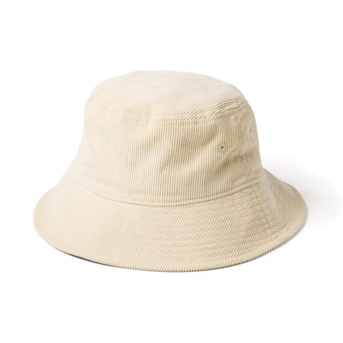 A beige corduroy bucket hat with a round crown and wide brim, featuring a logo.