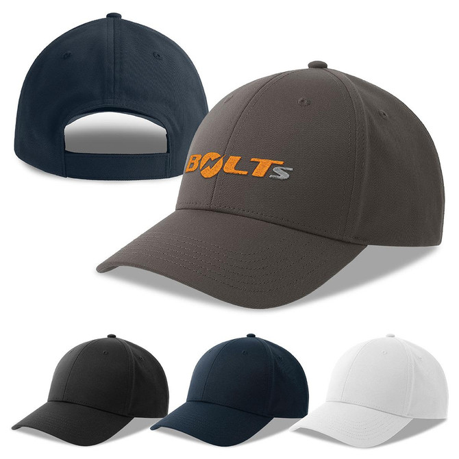 A collection of caps in grey, black, navy, and white, featuring a branded logo on the front.