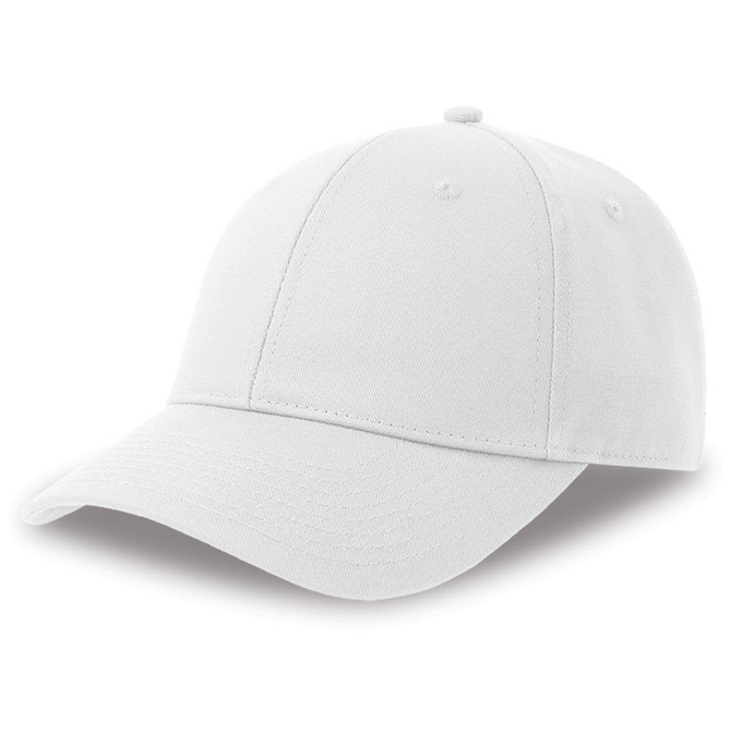 A white cap made from recycled and organic cotton, featuring a logo on the front.