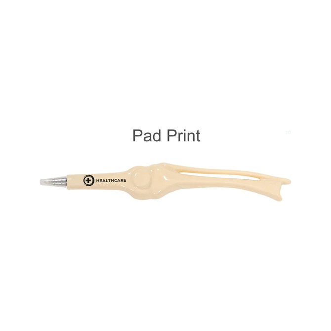 A pen shaped like a knee joint bone in beige, featuring a logo on its side.
