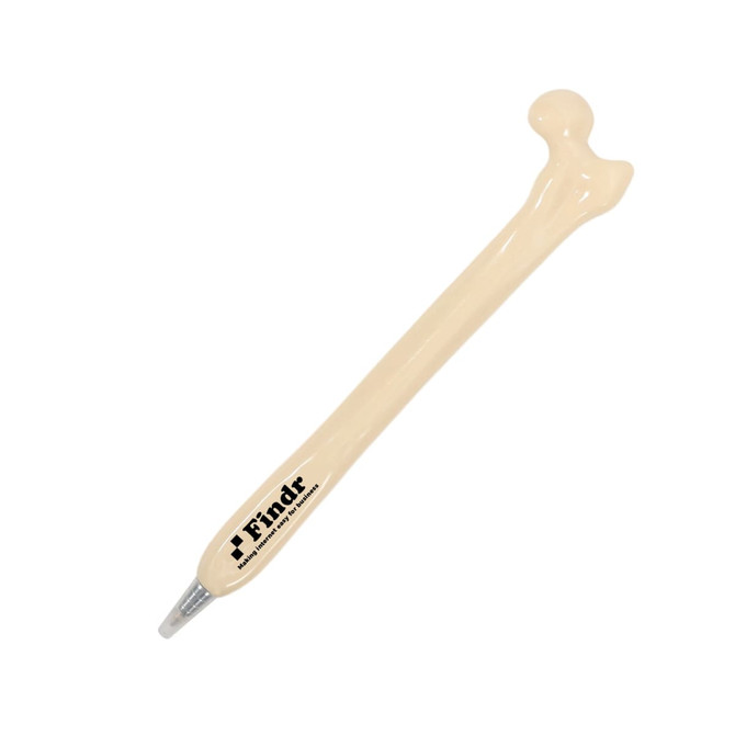 A bone-shaped pen in ivory with a black logo. The design resembles a femur bone.