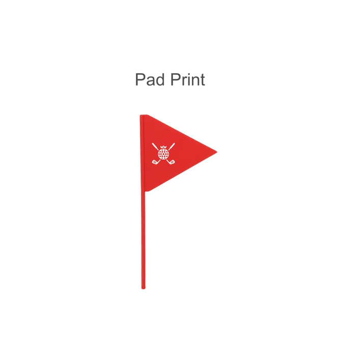 A red golf putting green flag with a simple design featuring crossed golf clubs and a ball.