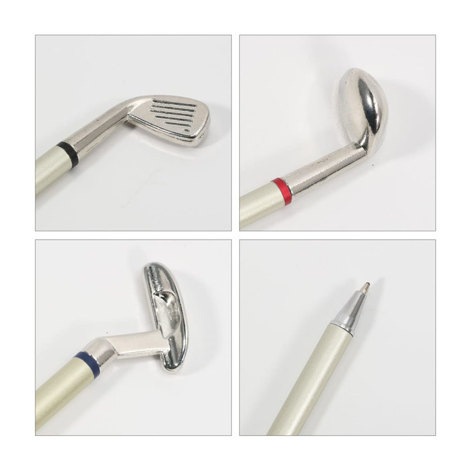 A golf-themed pen gift set featuring a silver club-shaped pen with coloured accents: red and blue details.