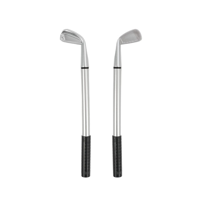 Two silver golf clubs with black grips, featuring distinct club head designs. The image also includes a logo.