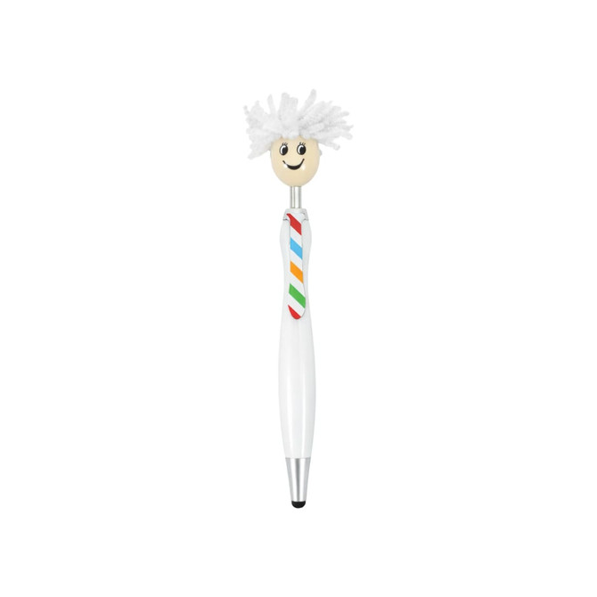 A pen with a white body, a smiling character head, and a colourful striped tie. It features a branding logo.