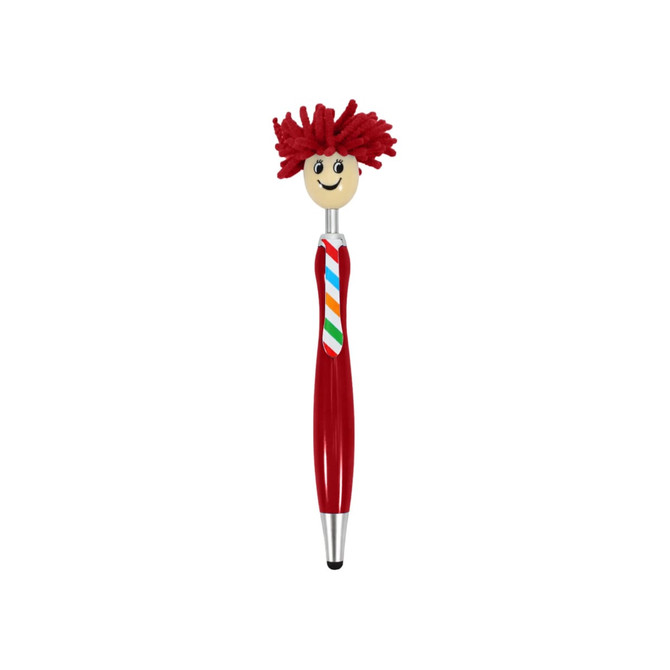 A red pen with a smiley head, featuring red yarn hair and a striped tie, plus a logo on the side.