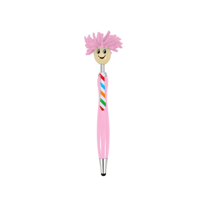A pink pen featuring a smiling character head with pom-pom hair and a colourful striped tie. It has a branding logo.
