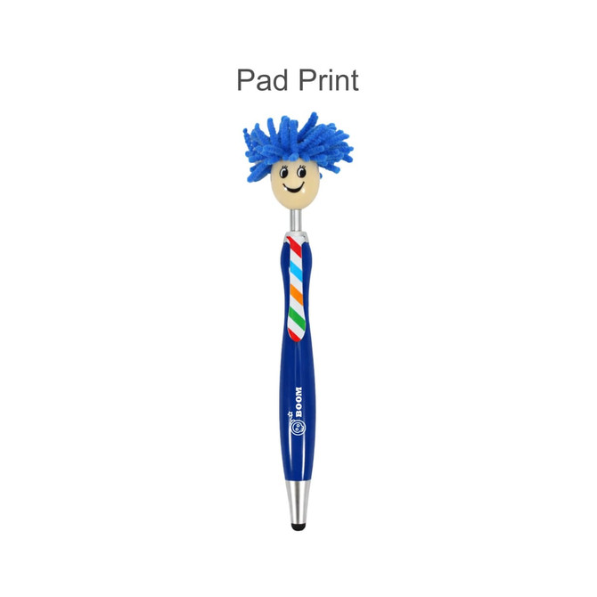 A blue pen with a smiling character head and blue, frizzy hair, featuring a branding logo.