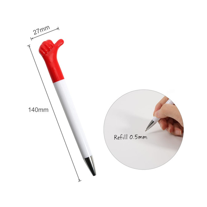 A red and white pen with a thumbs-up design on the top, featuring a 0.5mm refillable tip.