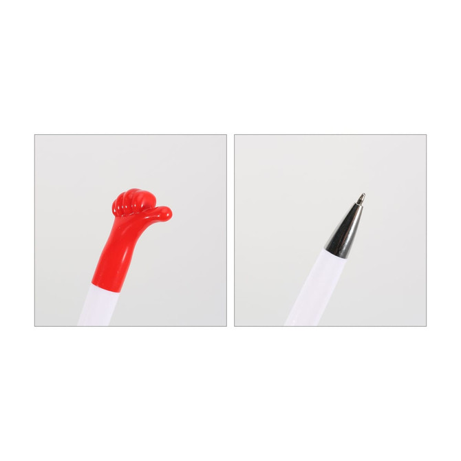 A white pen with a red hand-shaped top and a silver pen tip. It features a logo on the body.