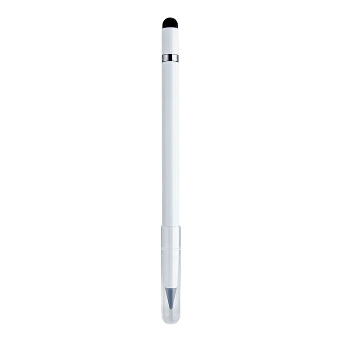 A white 3 in 1 pencil with a stylus tip, black detail, and a transparent cap. Features a branding logo.