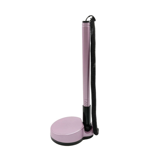 A fixed signature pen in a sleek design with a pink body and a black base, featuring a coiled cord.