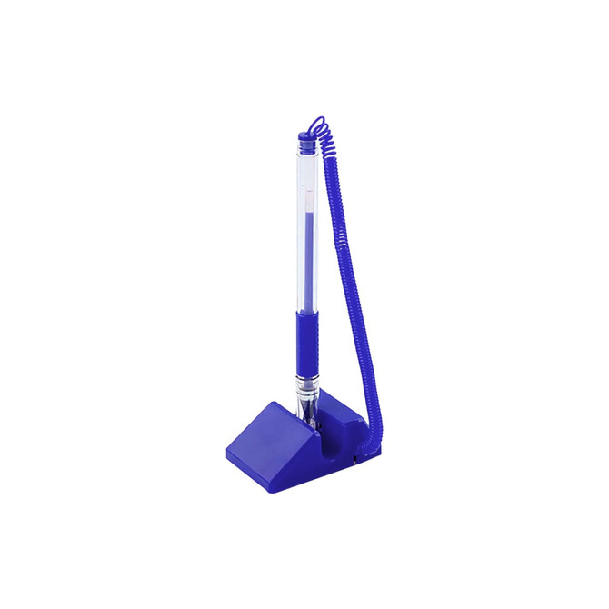 A blue pen with a spiral coil attached, positioned in a triangular base on a white background.
