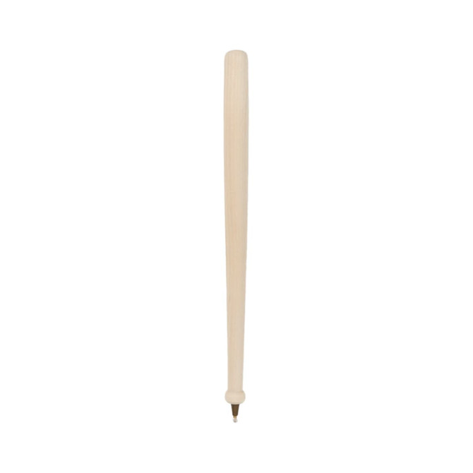 A wooden pen shaped like a baseball bat, featuring a smooth, pale wood finish and a gold ballpoint tip.