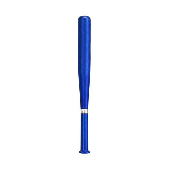 A blue plastic pen shaped like a baseball bat, featuring a silver striped detail near the end.