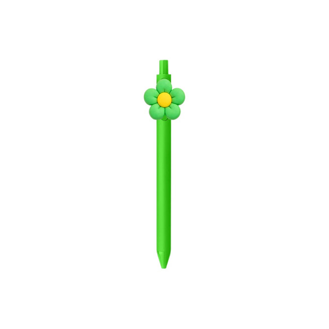 A green pen with a flower-shaped top featuring yellow accents and a branding logo.