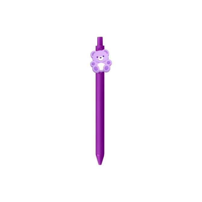 A purple pen featuring a bear design on the top and a smooth writing tip. It includes a logo on the body.