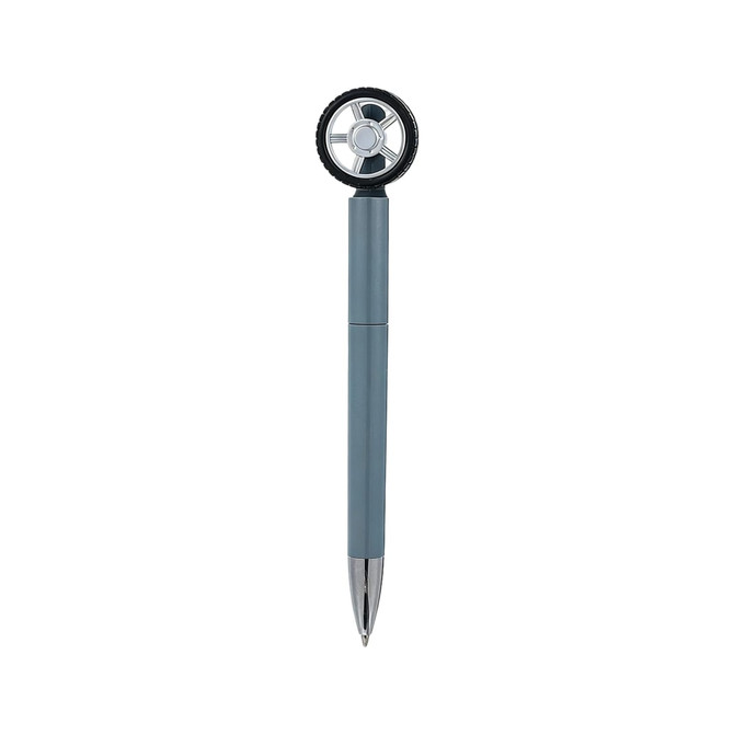A grey pen shaped like a tyre with a black wheel design at the top and a shiny silver tip. It includes a logo.