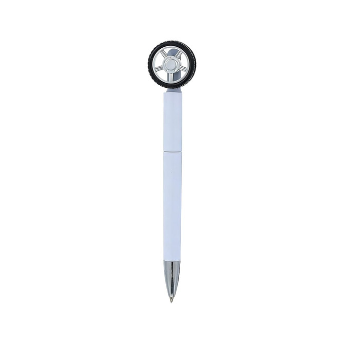 A fidget spin tire-shaped pen in white with a black wheel at the top and a silver clip.