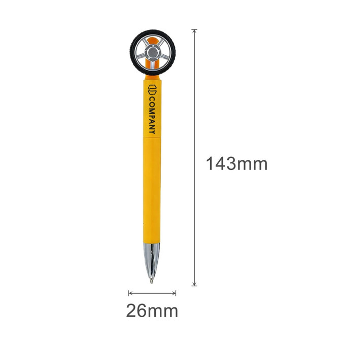 A fidget spinner-shaped pen in yellow with a black wheel and an orange centre, featuring a logo.