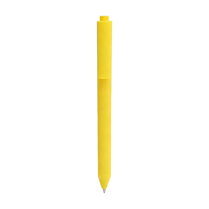 A yellow triangular grip pen featuring a clip and a pointed tip, with a logo on the body.