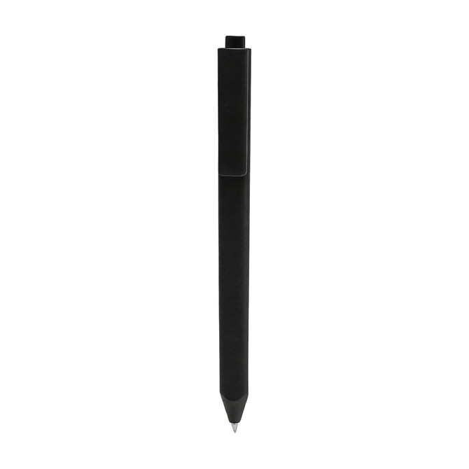 A triangular grip pen in solid black with a clip and retractable tip, featuring a simple design and branding.
