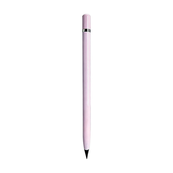 A pink pencil with a sleek design and a metallic trim at the top. It features a logo on the body.