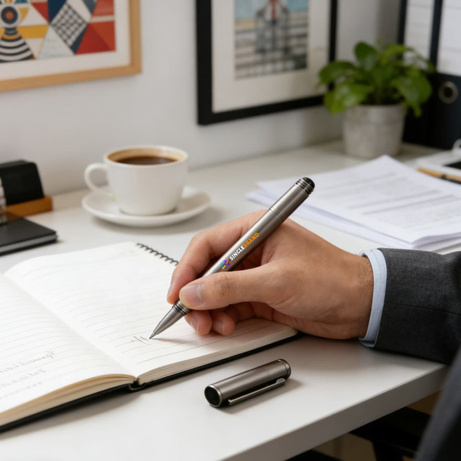 A grey pencil with a silver casing and cap, resting on a desk beside a notebook, coffee cup, and plant.