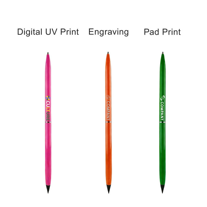 A promotional double-ended pencil and ballpoint pen in pink, orange, and green, featuring a logo.