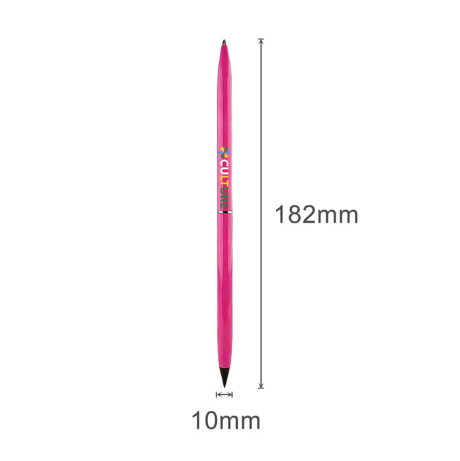 A pink double-ended pencil and ballpoint pen with dimensions: 182mm long and 10mm wide. Features a logo.
