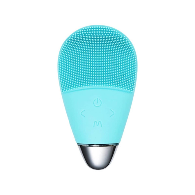 A teal silicone facial cleansing brush featuring a textured surface and control buttons. It has a metallic base.