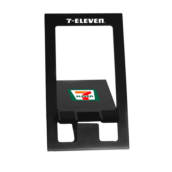 A black foldable phone stand with a logo, featuring a rectangular design and a flat base for support.