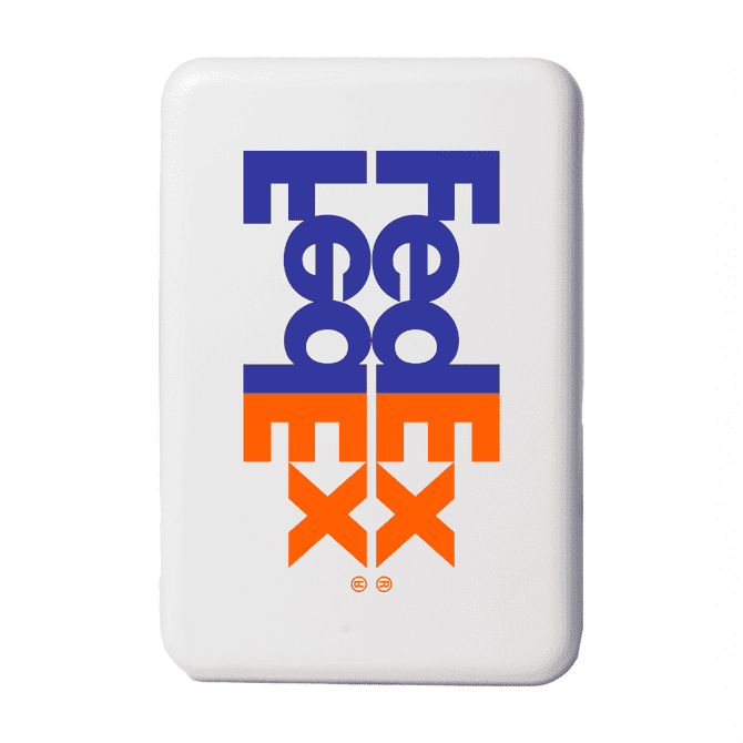 A white wireless charging powerbank featuring a logo in purple and orange.